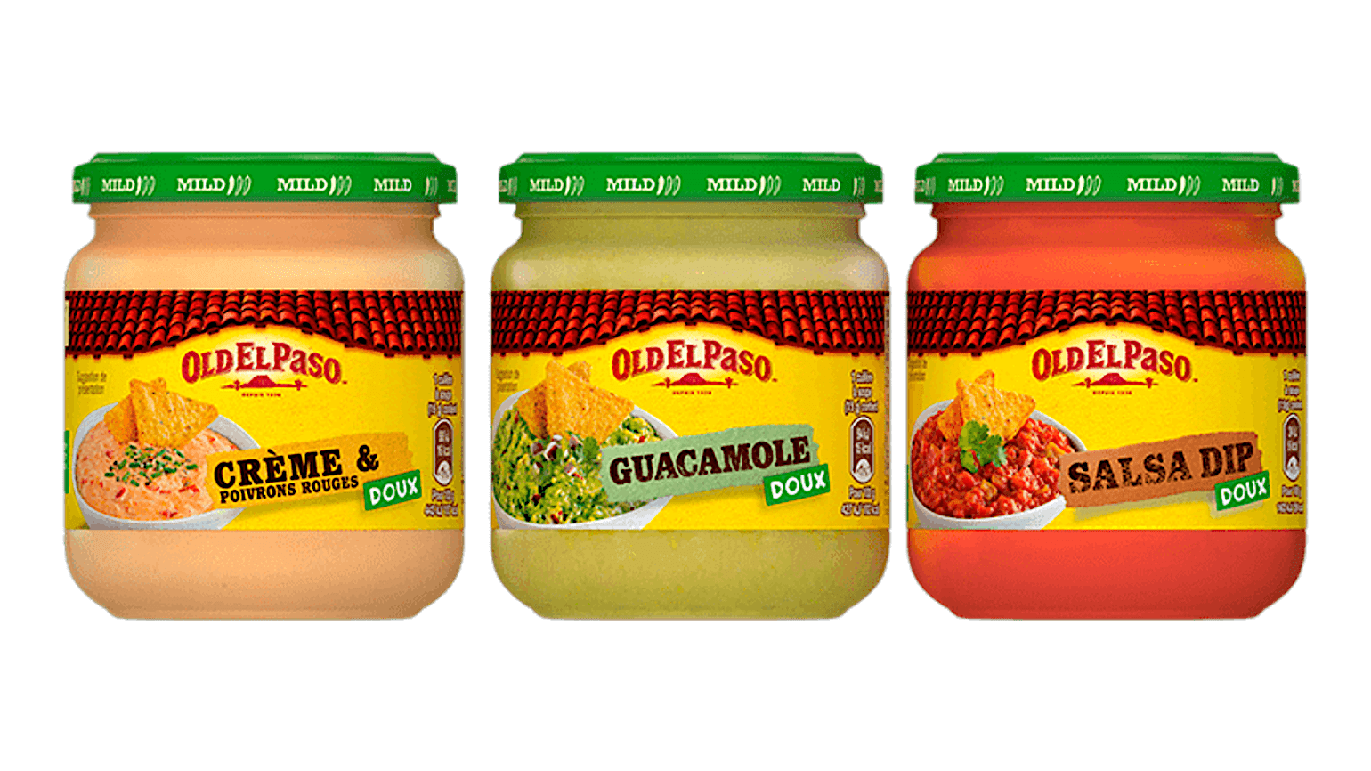 bocaux en verre de trio de salsa douce Old El Paso contenant de la crème et des poivrons rouges, du guacamole et de la sauce salsa